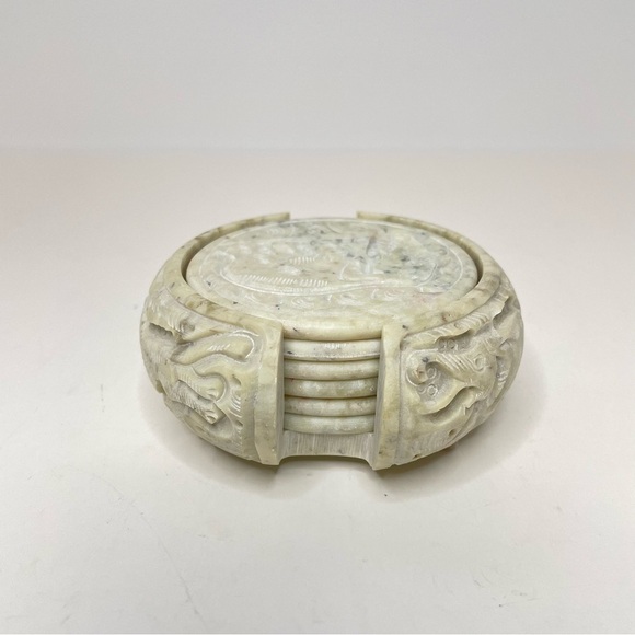 Carved Stone Elephants Coasters Set of 6 With Storage Holder READ - Picture 11 of 16